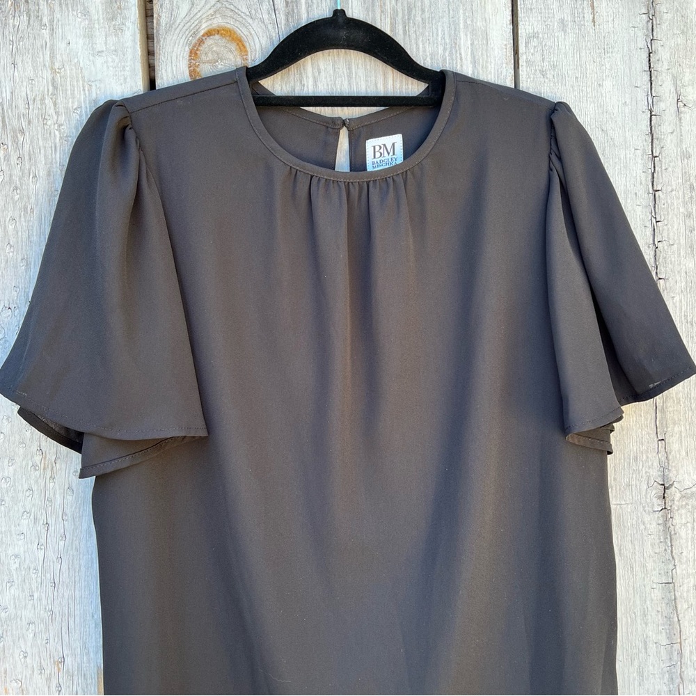 Badgley Mischka black ruffle short sleeve bowtie sash layered lined flowy blouse - Picture 13 of 15
